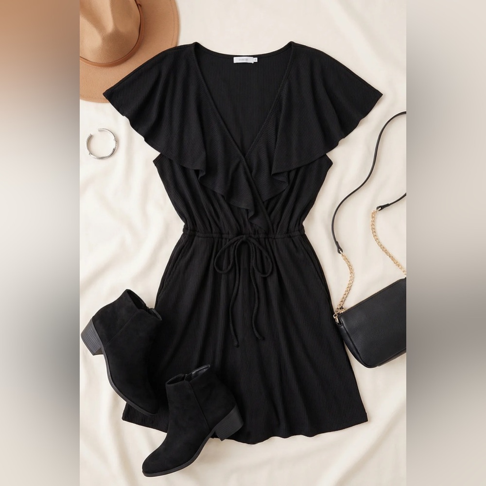 Women's Black Ruffle Wrap Dress with Drawstring Waist